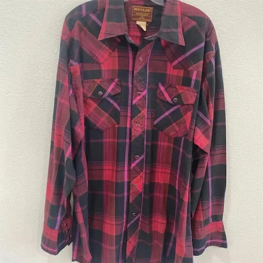 Vintage Rustler Plaid Pearl Snap Western Shirt Red Long Sleeve Men's 16 32/33